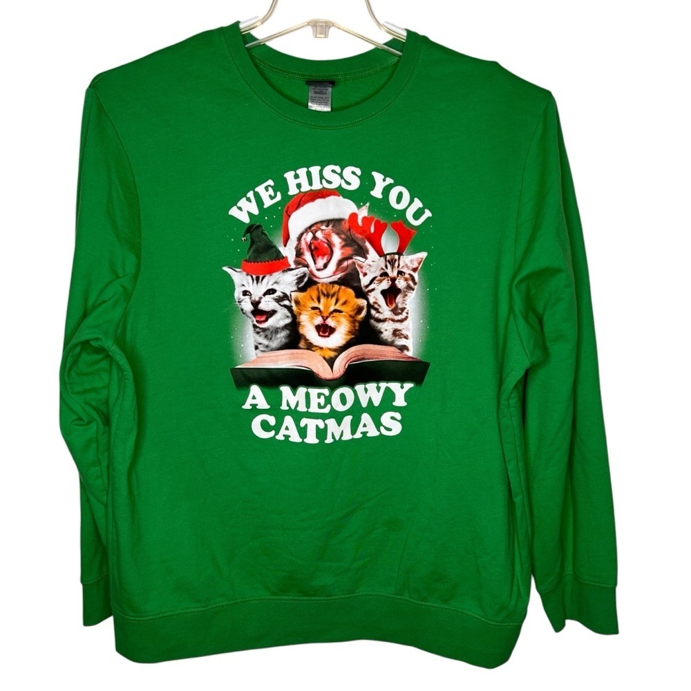 Fifth Sun We Hiss You a Meowy Catmas Green Crewneck Sweatshirt Size 2XL Cat Lady